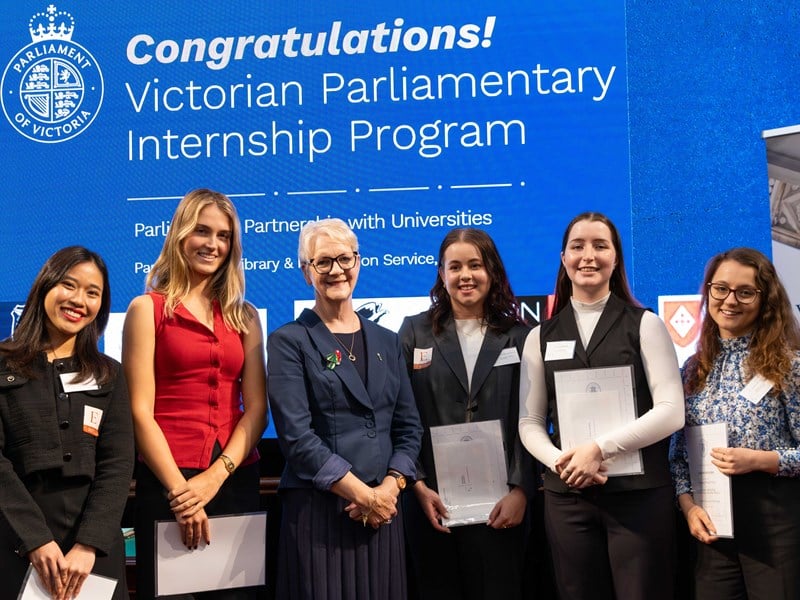 Presiding Officers' Prize winners (L-R) Rattaporn Poonperm, Liv Swift, Sheridyn Sandford, Hilary MacRae and Zuzanna Kaczynska with Legislative Assembly Speaker Maree Edwards.